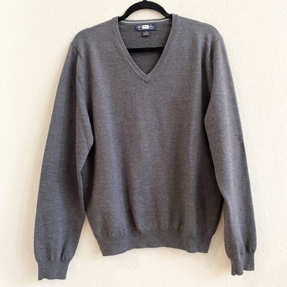 Brooks Brothers Sweater Adult Large Gray Extra Fine Merino Wool V Neck Pullover